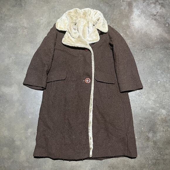 Vintage 50s Brown Wool Fur Lined Overcoat - Picture 1 of 4